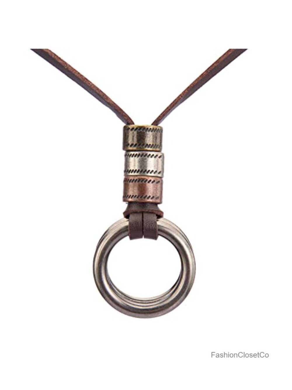 Handmade Bronze Color Multiple Ring Pendant Necklace Boho Style Long Leather